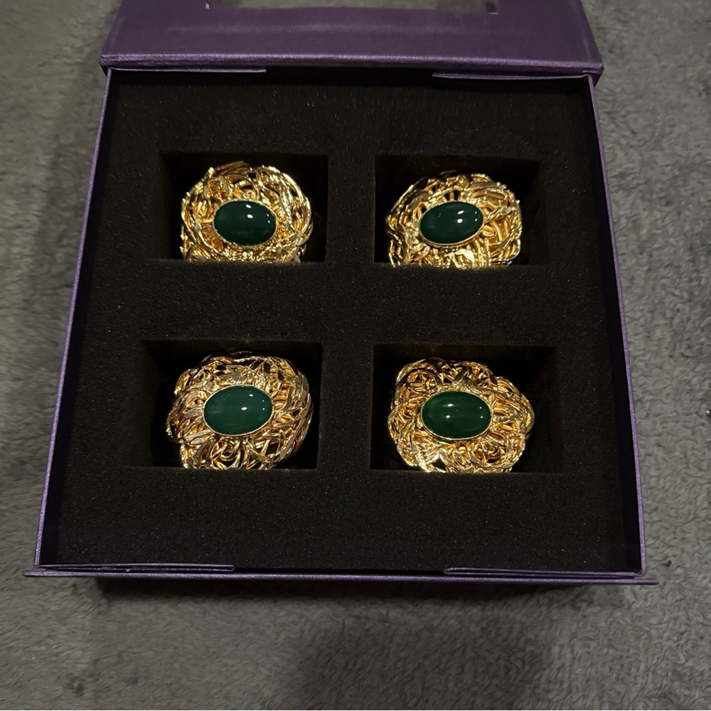 Nomi K Gold Plated Green Stone Napkin Ring Serveware Set